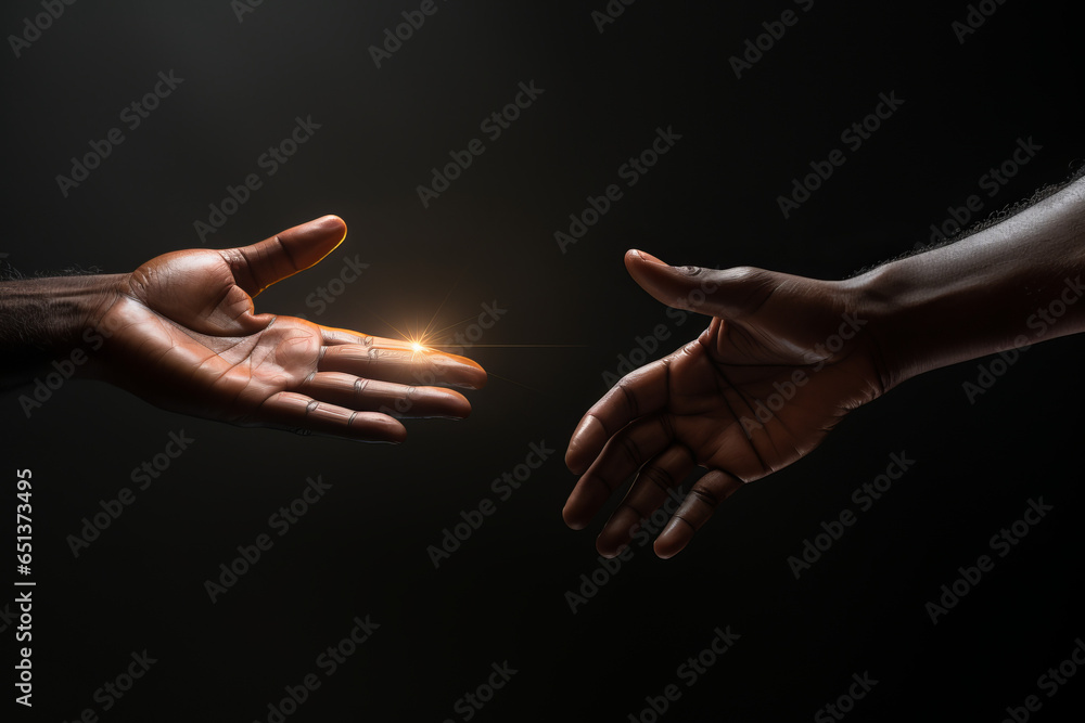 Two male hands reaching towards each other, dark background - obrazy, fototapety, plakaty 