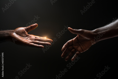 Two male hands reaching towards each other, dark background photo