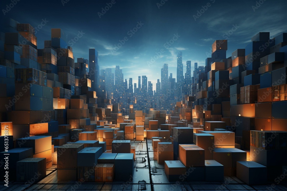 Conceptual image of a warehouse with boxes and cityscape. Generative AI