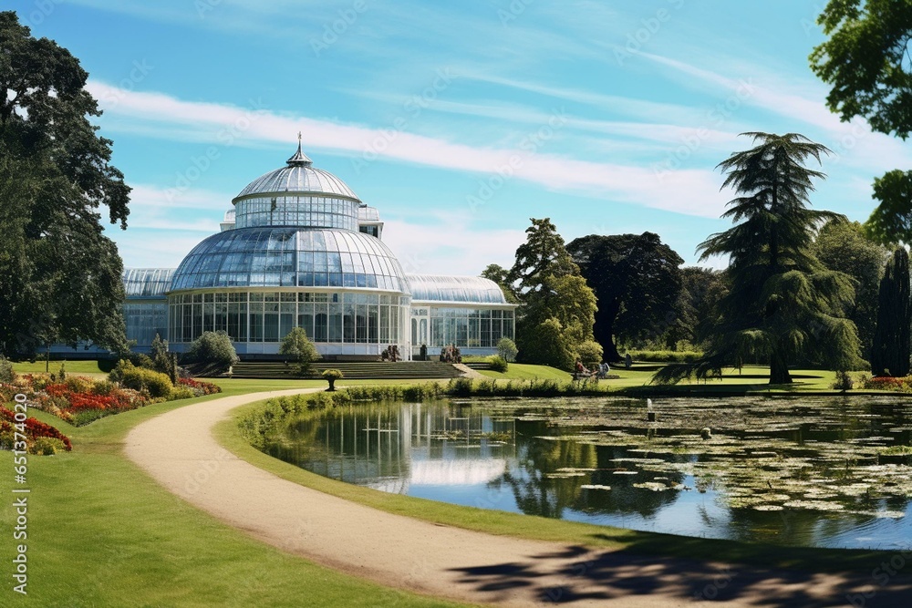 A bright day with a view of Kew Garden's palm house orangery in England. Generative AI - obrazy, fototapety, plakaty 