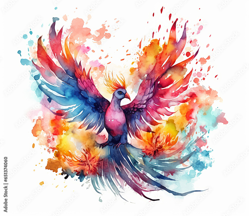 Beauty expressive watercolor flying phoenix bird