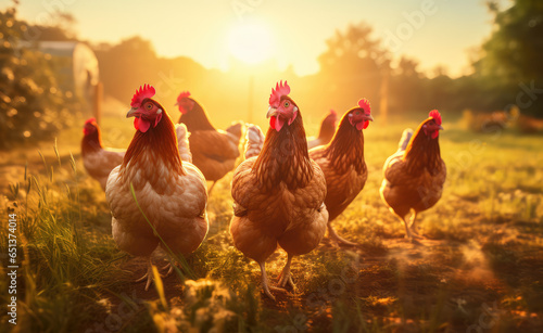 chickens are walking down the grass against a sunny day, organic farming concept © Kien