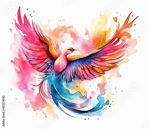 Beauty expressive watercolor flying phoenix bird