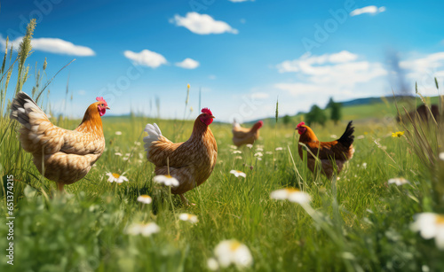 chickens are walking down the grass against a sunny day, organic farming concept