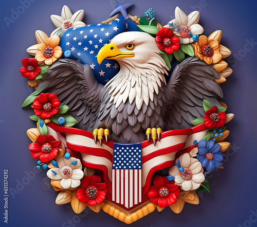 Expressive Colorful Artistic Background American Eagle bird and flowers