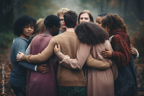 Rearview of diverse people hugging each other.