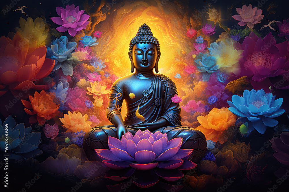 glowing golden buddha and 3d multicolored lotus flowers three-dimensional painting background - obrazy, fototapety, plakaty 