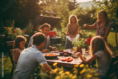 family and friends outdoors enjoy summer barbecue in nature
