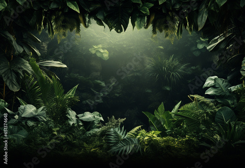 Ai Generative Beautiful jungle background with border made of tropical leaves backdrop with copy space