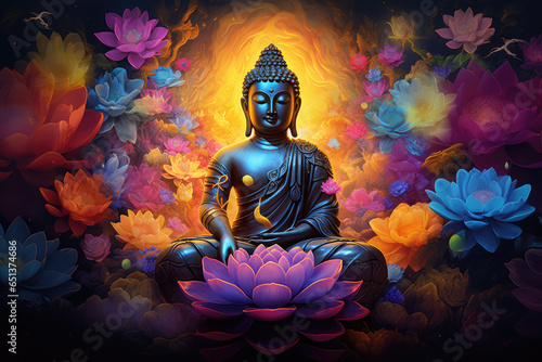 glowing golden buddha and 3d multicolored lotus flowers three-dimensional painting background