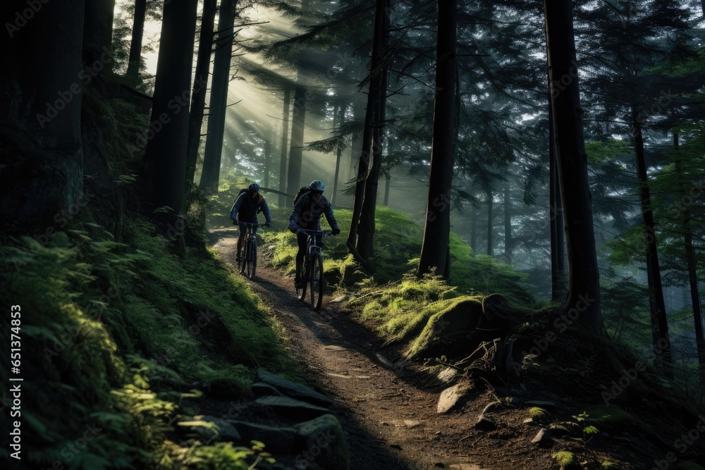 cyclists going down a mountain slope in the forest cyclists going down a mountain slope in the forest