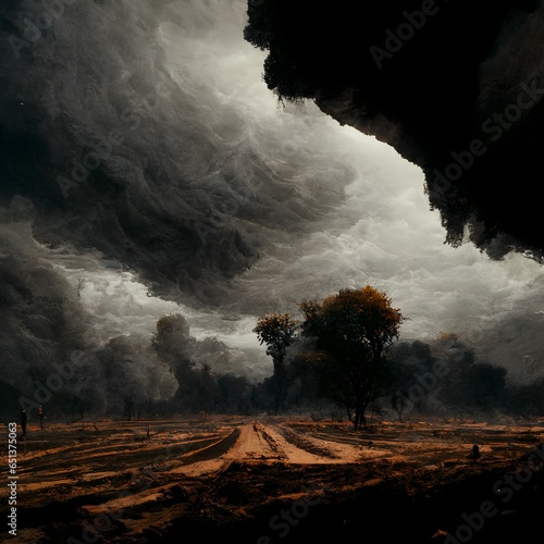 an oppressive ominous dark sheet of clouds premonition for the thunderstorm to come in an arid grey landscape horizon at 13 of the lowest side of the image low angle deserted wasteland with 