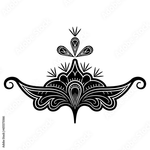 Stylized fantastic flower. Symmetrical floral folk motif. Russian medieval ornament. Black and white silhouette.