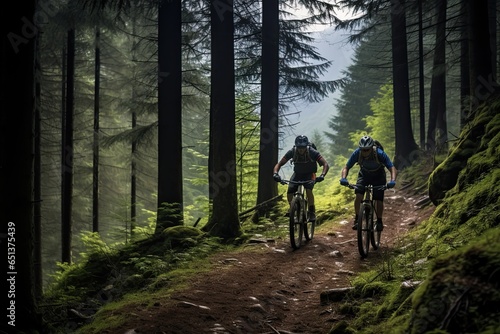 cyclists going down a mountain slope in the forest