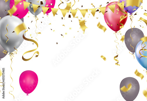 Background with festive realistic balloons with ribbon. Celebration design with baloon studded with gold sparkles  Celebrate birthday template