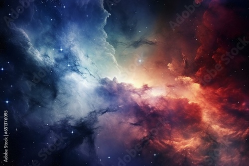Stellar birth amid nebula explosion, cosmic fusion of gas and dust clouds, stunning universe background. Generative AI