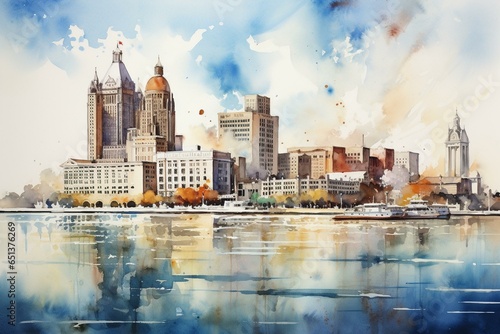 A watercolor sketch showcasing the Detroit skyline in downtown area. Generative AI