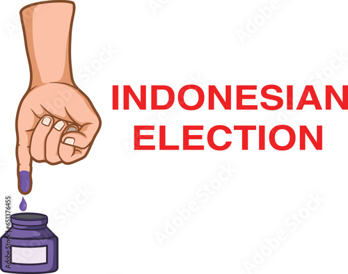 Hand with Pinkie finger dipped in ink or tint with blue color, as a sign has voted. Vector illustration of little finger inked with slogan Indonesian Election.