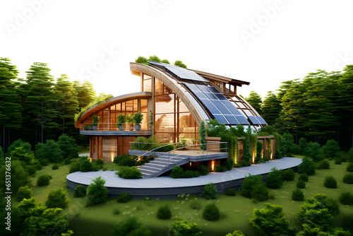 3D modern house with sun panels energy on the roof, Innovation sustainable green building Eco-friendly creative idea concept design, isolated on white and transparent background, ai generate