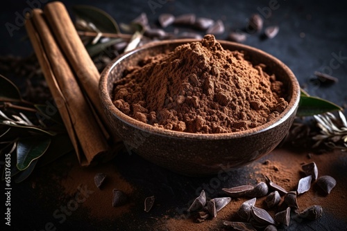 tasty and healthy alternative to chocolate with carob chocolate and carob fruit powder on dark background. Generative AI photo