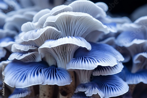 Close-up of cultivated blue oyster mushrooms in mushroom farm. Generative AI photo