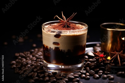 A blend of intense coffee shots, vodka, and coffee flavored liqueur served with a coffee bean decoration. Generative AI