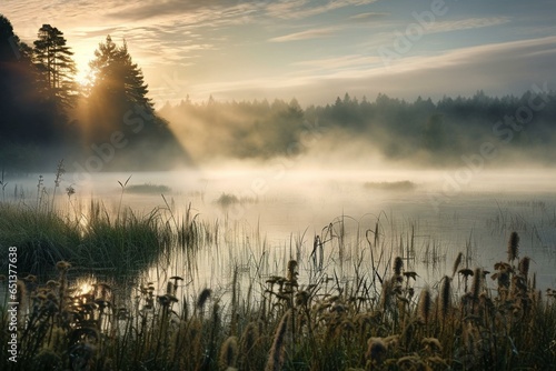 misty morning over the lake. Generative AI photo