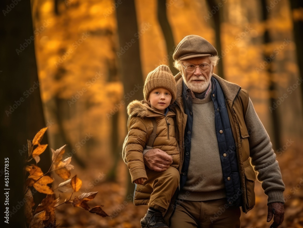 a wise grandfather walking and carrying child, autumn park a wise grandfather walking and carrying child, autumn park