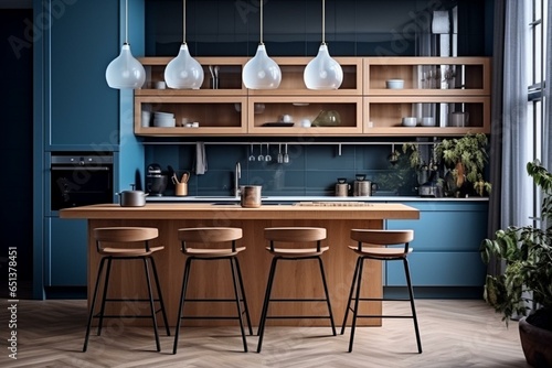 Blue & wooden Scandinavian kitchen with island, stools, decors, parquet floor. Japandi interior design. Generative AI
