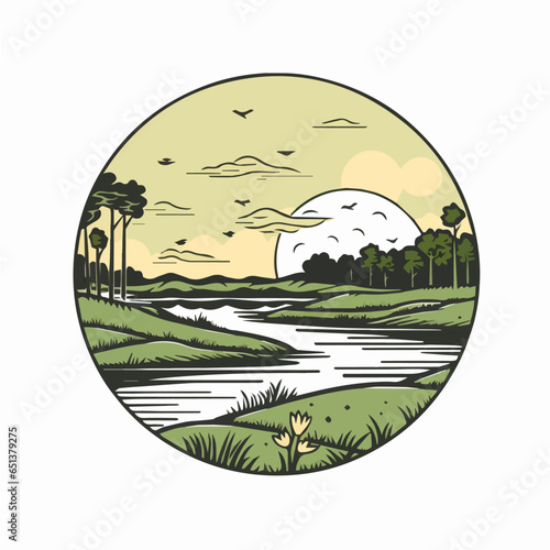 simple circular logo of swamp landscape