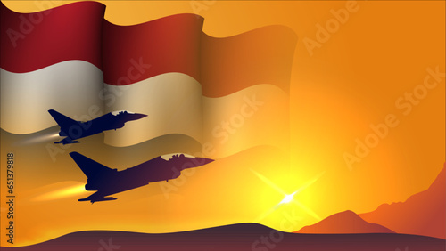 fighter jet plane with netherlands waving flag background design with sunset view suitable for national netherlands air forces day event