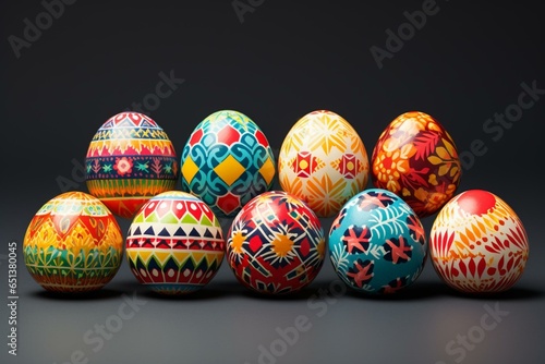 Colorful decorative eggs with patterned wrappers on a plain background. Generative AI