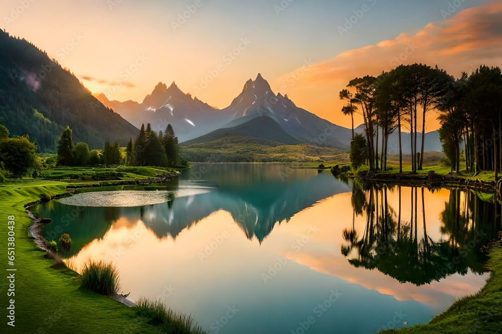 Water lake in a forest and mountains passing in between the green trees showing richness of nature with rays of sun crossing the trees - obrazy, fototapety, plakaty 