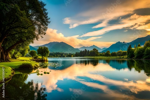 Sunrise on water late in mountains with a cloudy sky passing in between the green trees showing richness of nature with rays of sun crossing the trees © ch art