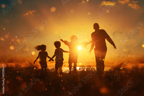 Silhouette of father and kids walking through a field at sunset