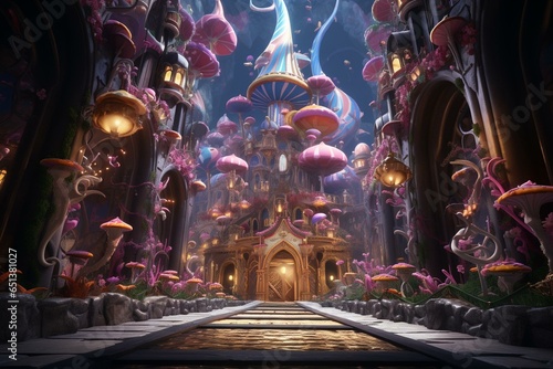 Enchanting fairies run candy factory, utilizing intricate machinery & vibrant confections. Unreal Engine 5's wide angle brings depth & beauty. Generative AI