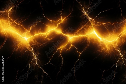Abstract pattern of yellow lightning on a black background. Generative AI