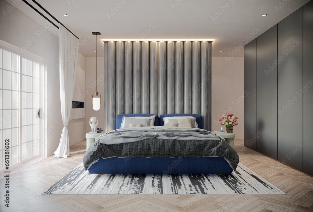 Modern Luxury Bedroom Animation with Ocean Blue Color. 3D Illustration Render - obrazy, fototapety, plakaty 