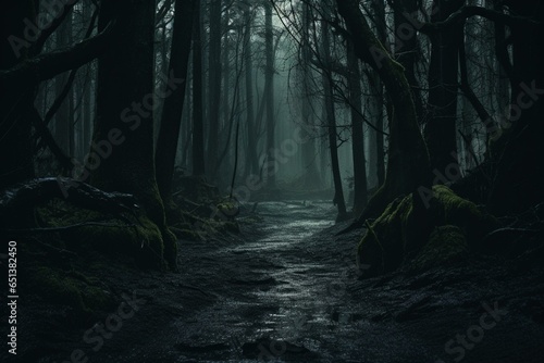 Sinister forest as creepy horror background. Generative AI © Zara