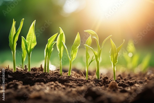 young maize sprouts in spring, soft focus. growing green corn seedling sprouts in cultivated farm field. scene with corn's sprouts in soil. Generative AI photo