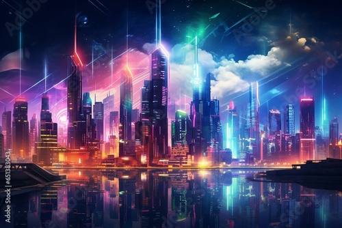 Neon cityscape in a digitized environment. Generative AI