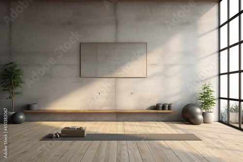 Contemporary yoga gym with concrete interior, equipment, blank banner, daylight, wooden flooring. Healthy lifestyle concept. Mock up, 3D rendering. Generative AI