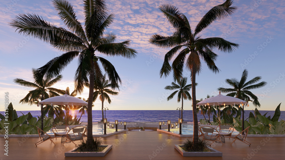 Teak wood tiles with pool and deck chairs. Park with trees and green grass with sea view. 3D rendering Teak wood tiles with pool and deck chairs. Park with trees and green grass with sea view. 3D rendering