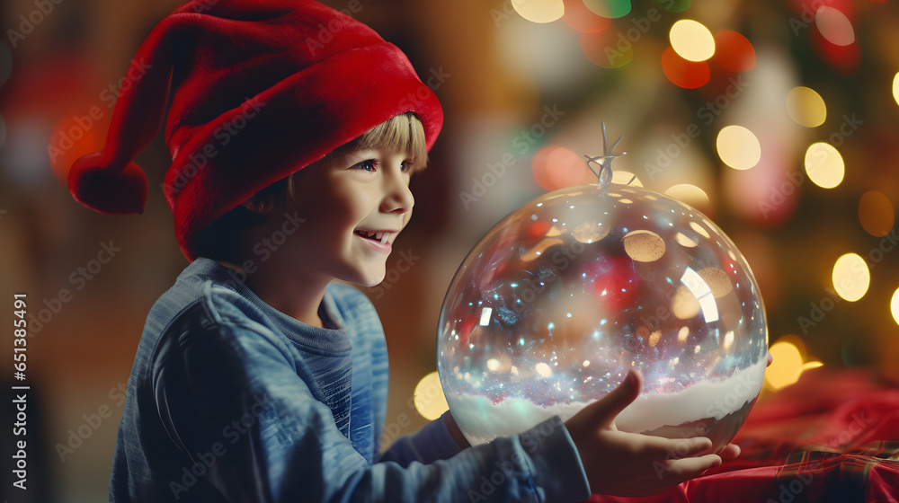 Naklejka premium boy dressed as santa claus, using computer at christmas