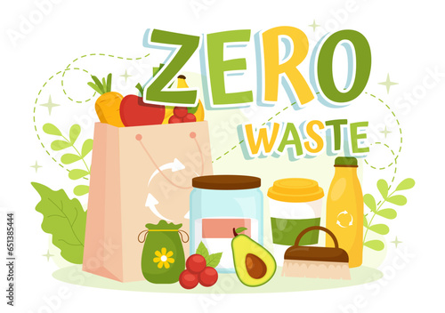 Zero Waste Vector Illustration of Eco Friendly with Recyclable and Reusable Products for Save the Planet and Go Green in Flat Cartoon Background