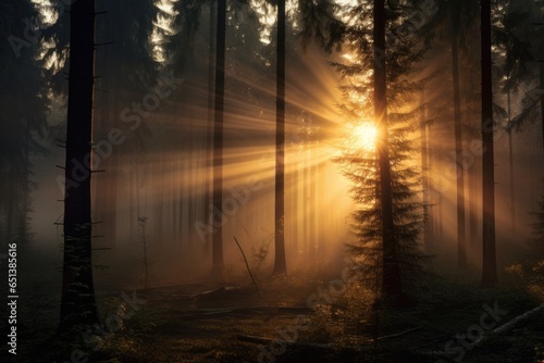 Magical sunset in the forest with the sun's rays penetrating through the trees