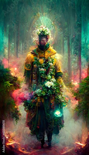 a futuristic male forestpunk monk green and gold robes made of flowers symmetric lights and smoke psychedelic effects glowing particles Misty morning at sunrise neon rain lush forest 