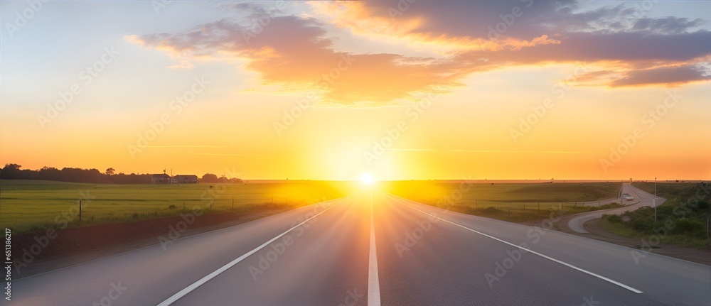 Sun rising sky with asphalt highways road in rural scene from Generative AI