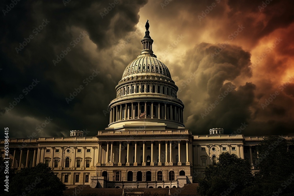 Dark clouds gather above US Capitol, Washington DC. Generative AI
