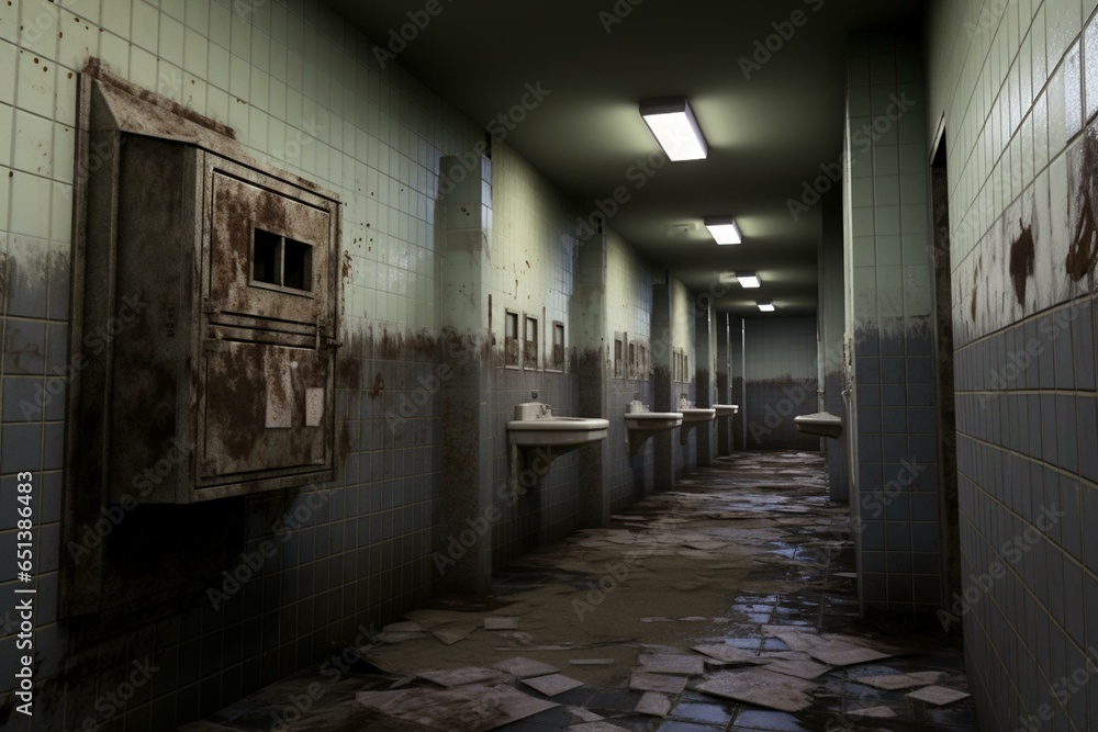 Dirty, neglected restroom with wet floors, urinals, and tiled walls ...